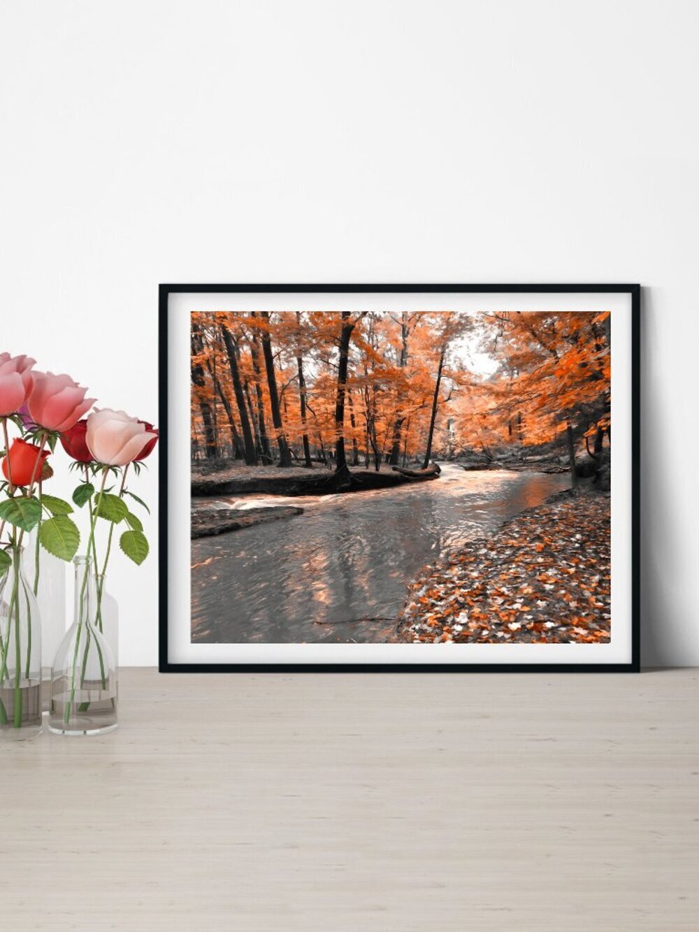 8x10 Autumn River Reflections Orange Forest Landscape Photography Art Print